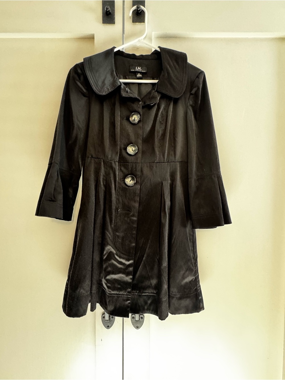I.N. San Francisco Black Satin-Look Trench Coat with Large Buttons